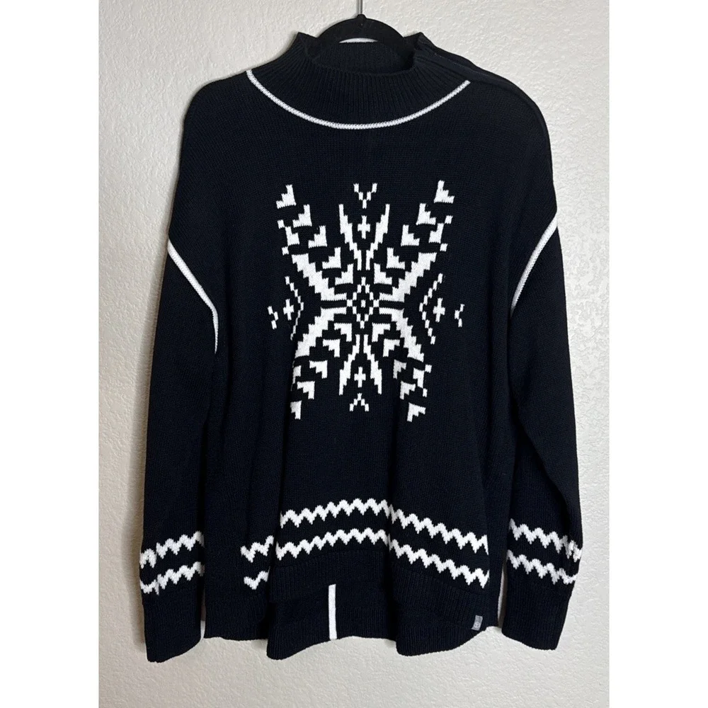 T By Talbots‎ Thermolite XL Black White Snowflake Zip Turtleneck Sweater Preppy